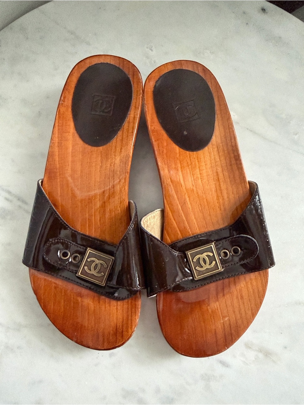 CHANEL Wood Slide Sandals with Gold CC Hardware Size 36